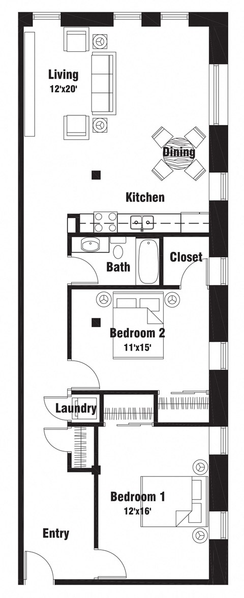 Floor plan for 2 beds, 1 bath, 1158 sqft